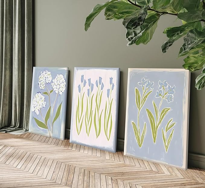3Pcs Blue Green Tulip Hydrangea Flower Canvas Wall Art Flowers Plant Aesthetics Painting Picture Decor Elegant Preppy Poster Print Artwork for Living Room Gallery Bedroom Dorm Home Decoration
