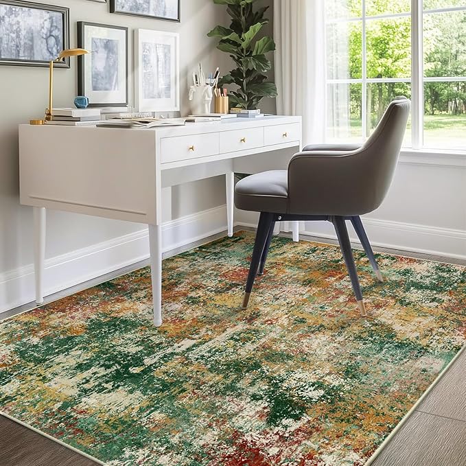 RELEANY Washable Area Rugs 9'x12' Non-Slip Modern Abstract Soft for Living Room Entryway Bedroom Nursery, Print Pattern, Green Orange Rust Red Cream Colorful