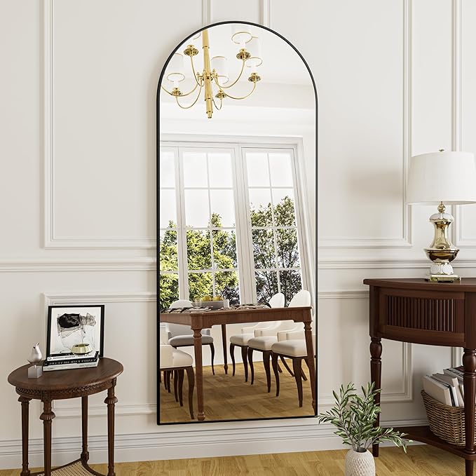 Rowjut Full Length Mirror Arched Floor Length Mirrors, 71"x26" Large Full Body & with Stand & Arch Wall Mounted & Standing Mirror for Bedroom Living Room, Aluminum Frame, Black