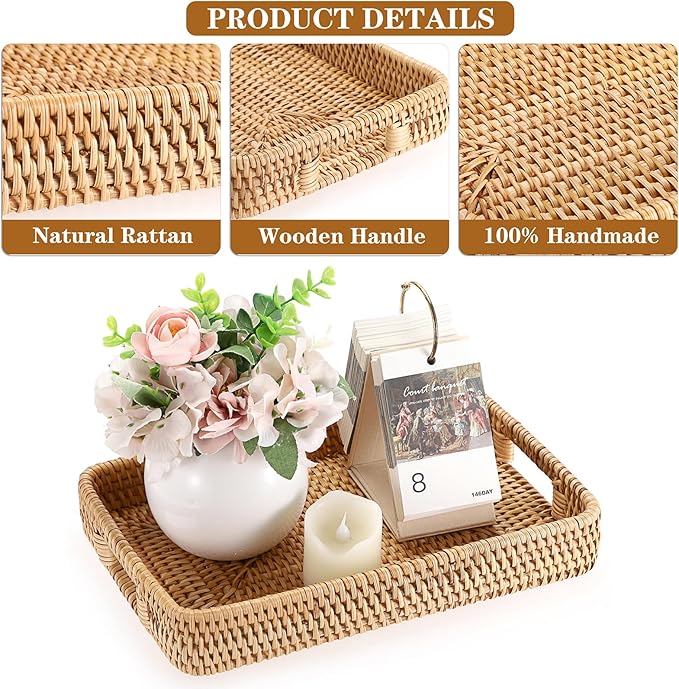 Hipiwe Rattan Serving Tray Hand Woven Tray with Handles Rattan Rectangular Basket Trays for Storage Breakfast Dessert Fruit Decorative Trays for Coffee Table, 11.8x7.9x1.8inch