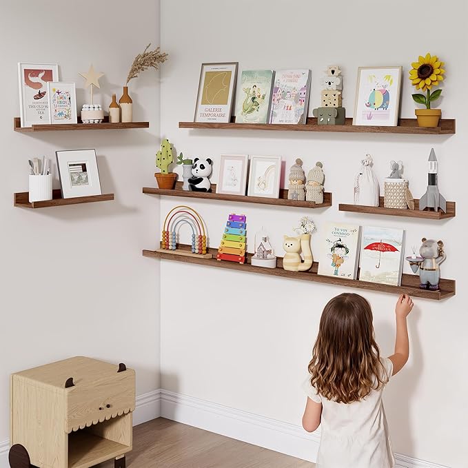 Heimlove Picture Ledge Shelf,36 inch Long Floating Shelves for Wall Set of 2,Picture Shelf with Lip for Wall Decor,Living Room,Bedroom,Bookshelf,Nursery,Perfume,Walnut Color
