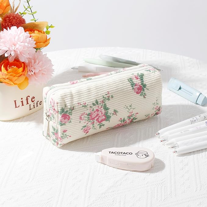 Pencil Case Lightweight Aesthetic Pen Case Office College School Storage Bag Pouch Holder Box Organizer Makeup Pouch Cosmetic Bag for Girls Boys Kids (Flowers-Pink)