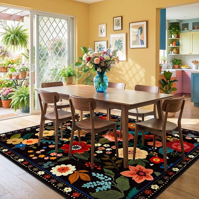 RELEANY Floral Nursery Square 8ft Area Rugs Washable Print Boho Cute Carpet Non Slip Flower Low Pile for Living Room Kids Girls Playroom Bedroom Kitchen Office Farmhouse-Black