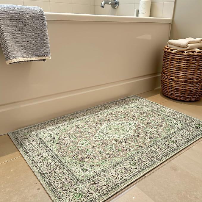 Goideal Washable Entry Rug 2x3, Sage Green Small Area Rugs Non Slip, Indoor Low Pile Carpet with Rubber Backing for Bathroom Kitchen Entryway Office