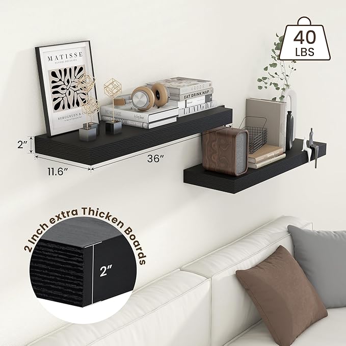 FLYJOE Deep Floating Shelves | 36 Inch Black Floating Shelves Set of 2 | 12 Inch Deep Rustic Wood Shelves for Wall | 36" W x 12" D Black Shelves for Living Room Bathroom Laundry Room Kitchen