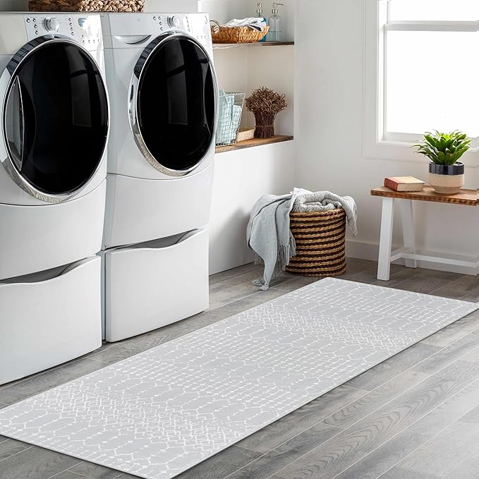 Lahome Moroccan Runners for Hallways 2x6 Washable Non-Slip Carpet Runner Throw Ultra-Thin Kitchen Bedroom Rugs Grey Distressed Print Rug Entrance Bathroom Laundry Room Living Grey/White 2' x 6' Hana