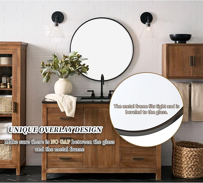 G-LEAF Black Round Mirror 32 inch Circle Mirror for Bathroom Vanity, Entryway, Living Room, Round Bathroom Mirror for Wall