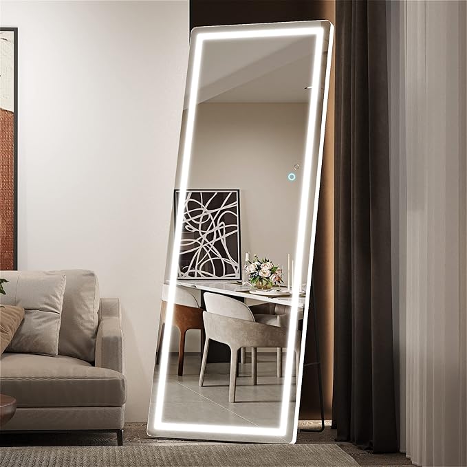 Hasipu Full Length Mirror with Lights, 61" x 22" LED Floor, Full Body Dressing Standing, Hanging Mounted Mirror, Round White