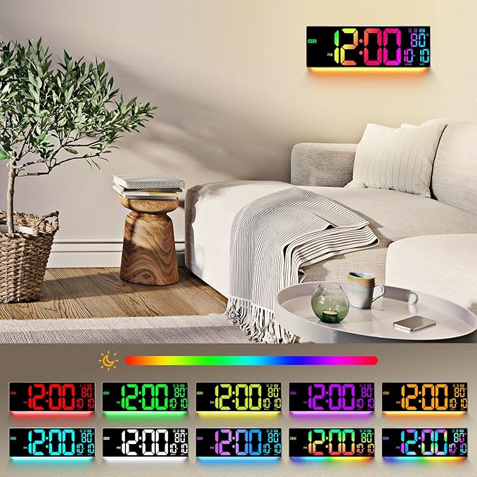 16.5" Large Digital Wall Clock: 11 RGB Color LED Display with Remote Control, Auto DST, Temperature & Date, Big Number Wall Clock for Seniors, Classroom, Office, Gym, Home Decor Gray