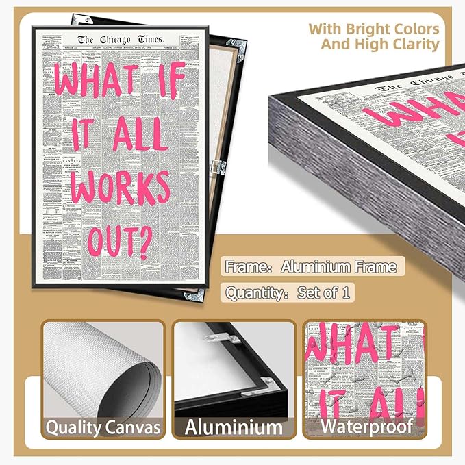 What If It All Works Out Poster Retro Newspaper Pink Font Canvas Wall Art Positive Affirming Quote Minimalist Prints Painting For Home Bedroom Dorm Wall Decor 8x12in Framed