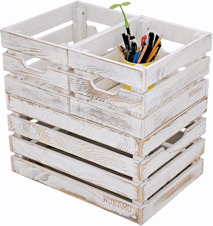 White Wooden Crates, Set of 4 for Storage, Milk Crate, Wine Box, Festival Decorations, and Camping, 12.2 Inch Multi-Purpose Sturdy Wood Boxes.