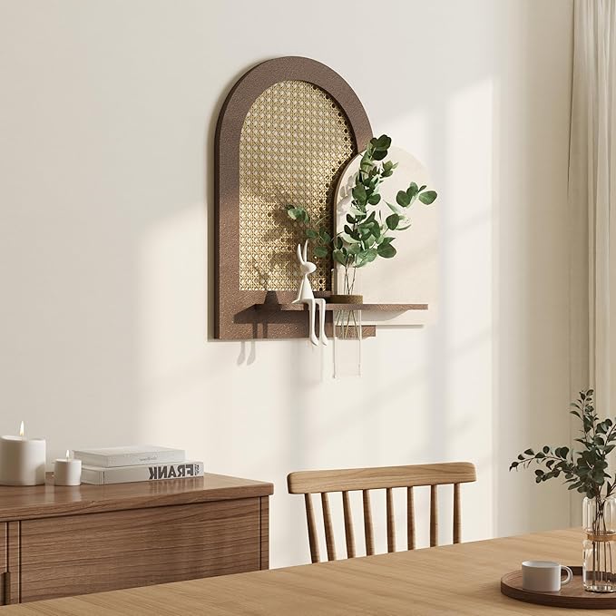 Troartos 3D Textured Boho Wall Decor with Shelf, Neutral Beige Brown Woven Rattan Sandstone Wall Art, Minimalist Arched Artwork for Living Room, Hallway, Kitchen, Bedroom, Office, 24x24 Inch