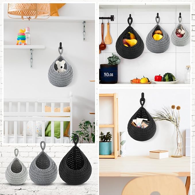 Honeydak Boho Decor Hanging Wall Baskets for Kitchen 3 Pack Teardrop Baskets with Hooks Storage Fruit Onion Vegetable Potato for Home 3 Sizes(Light Grey, White, Dark Grey,Teardrop,Cotton Rope)
