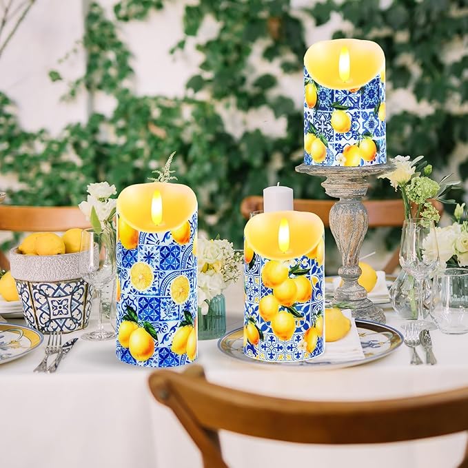 3 Pcs Capri Blue White Lemon Flameless Candles Battery Operated LED Mediterranean Blue White Flickering Pillar Blue Tiles Lemon Printed Faux Candle for Capri Party Wedding Home Party