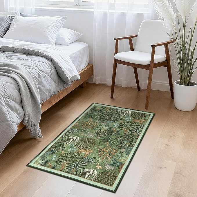 GarveeHome Jungle Rug 2x3 Animal Print Rugs Non Slip Washable Front Door Rug for Entryway, Indoor Kitchen Rugs Low-Pile Small Door Mat Forest Carpet for Bedroom Home Décor, Forest Green