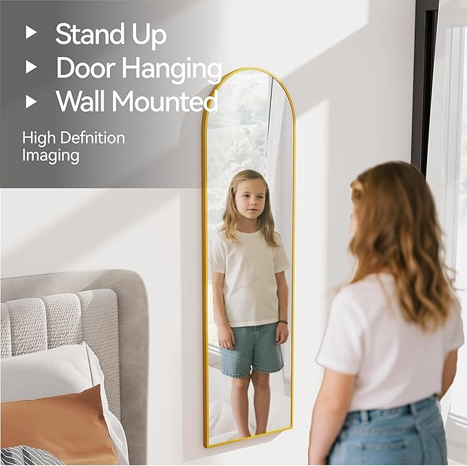 SCWF-GZ 57x16 Door Hanging Full Length Mirror, Floor Stand (Height 5.7ft just Body in1.3ft) / Wall Mounted Metal Frame Arch Dressing Mirrors for Bedroom Living Room 57 inch Gold