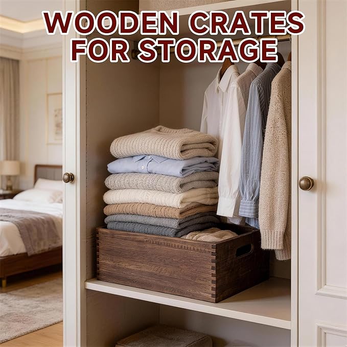 Wooden Crates for Display 5 Pack Extra Large Rustic Nesting Wooden Basket with Handle, Farmhouse Wood Crate for Storage and Container Multipurpose Wood Basket for Fruits Vegetables Boxes