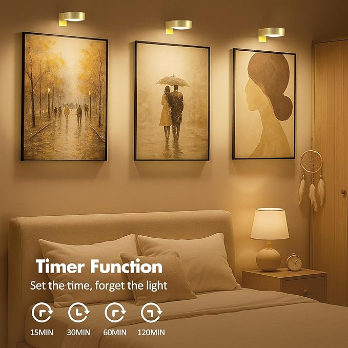 6Pcs Battery Operated Picture Light, Magnetic Led Painting Light with Remote Dimmable and Timer, 3 Lighting Modes Art Display Light for Picture Frame Paintings, Wireless Wall Decor Puck Lights, Gold