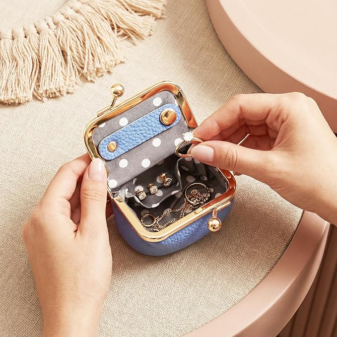 Genuine Leather Mini Jewelry Box Portable Vintage-Inspired Leather Small Coin Purse Jewelry Organizer Case Mini Travel Ring Box with Kiss Lock for Women Earring Ring Necklace