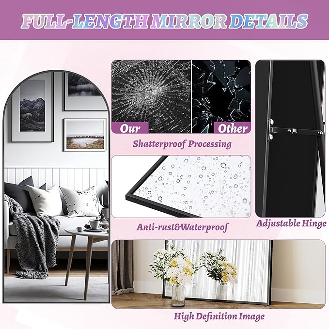 Full Length Mirror, 58"x21" Arched Floor Mirror Freestanding, Floor Standing Full Body Mirror with Stand for Bedroom, Hanging Mounted for Living Room Cloakroom, Black