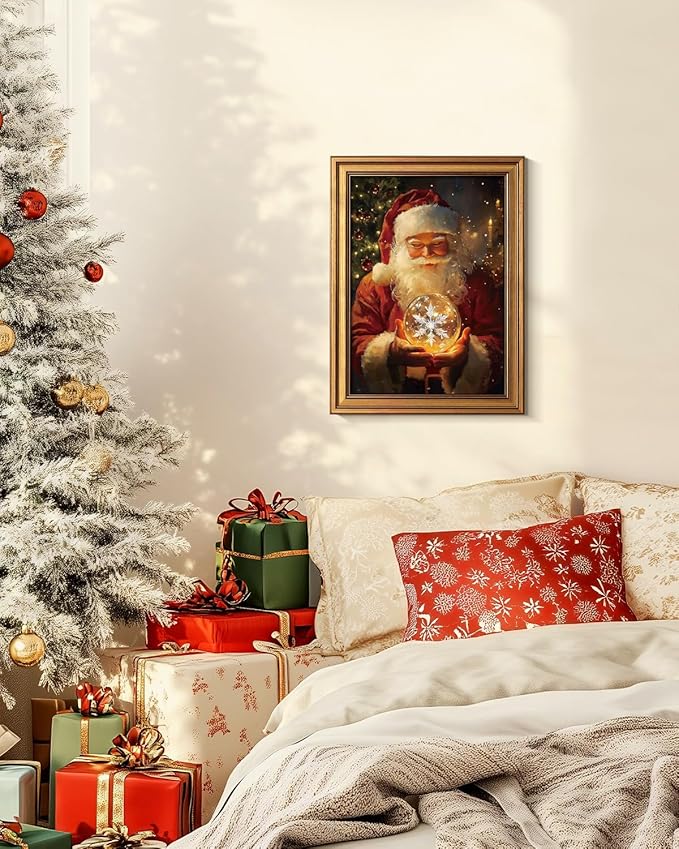 Bzstyleart Vintage Wall Art Decor, Vintage Chiristmas Wall Art Framed, 12 x 16 Inch Framed Christmas Decorations Indoor Winter Decor, Christmas Santas Claus Holding a Glass Ball