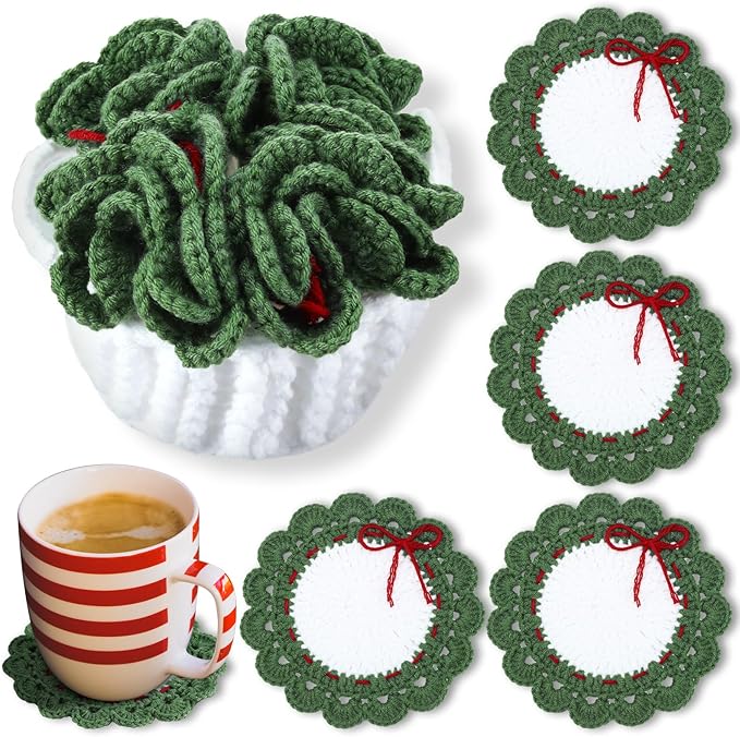 5 Pcs Wreath Crochet Coaster Set Wreath Coaster with White Pot Storage Basket Handmade Present Woven Cup Mats Kit for Holiday Party Gifts Kitchen Office Home Decor