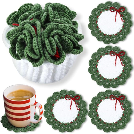 5 Pcs Wreath Crochet Coaster Set Wreath Coaster with White Pot Storage Basket Handmade Present Woven Cup Mats Kit for Holiday Party Gifts Kitchen Office Home Decor