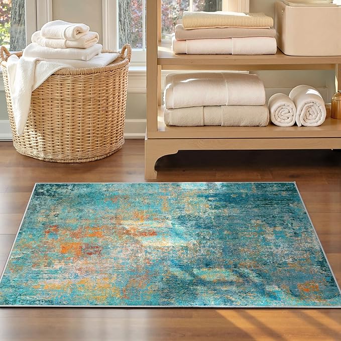 RELEANY Washable Area Rugs 3'x5' Non-Slip Modern Abstract Soft for Living Room Entryway Bedroom Nursery, Print Pattern, Teal Blue Green Orange Rust Red Coloreful