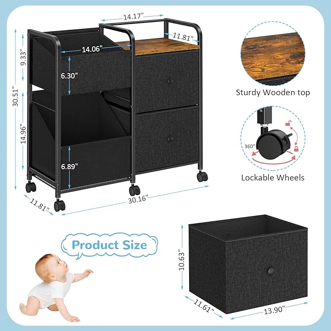 Baby Diaper Caddy Organizer Cart with Wheels, Rolling Cart with Dividers and Drawers, Mobile Utility Cart Bedside for Nursery, Bedroom, Baby Newborn Essentials Storage Cart, Black