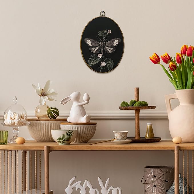 Mcehtle Vintage Butterfly Wall Art Decor, Moody Moth Botanical Cottagecore Oval Framed Canvas Prints 8.6x11.4, Academia Insect Wall Hanging Artwork Decorations for Gallery Home Bedroom Living Room