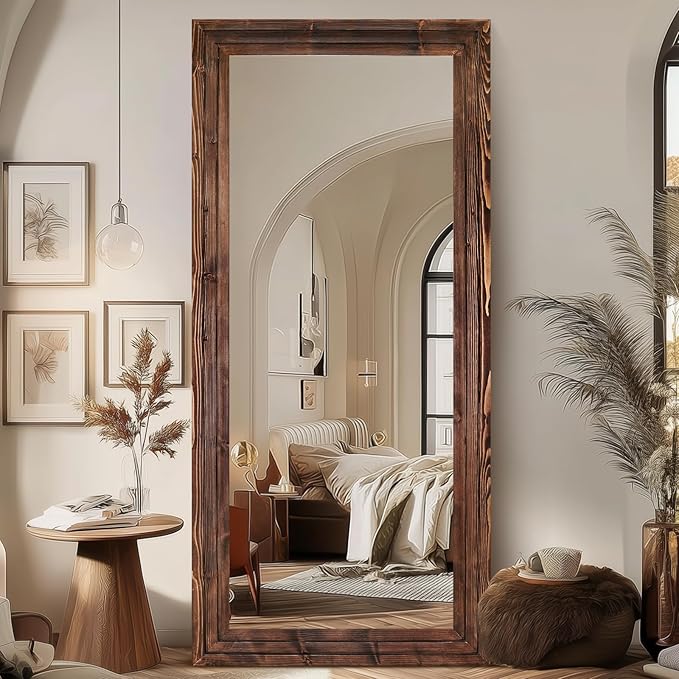 Full Length Wood Mirror 76x34 - Rustic Solid Wood Floor Mirror with Triple Layer Frame, HD Tempered Glass, Wall Mounted or Leaning Standing Mirror Vintage Brown Mirror for Bedroom Bathroom Living Room