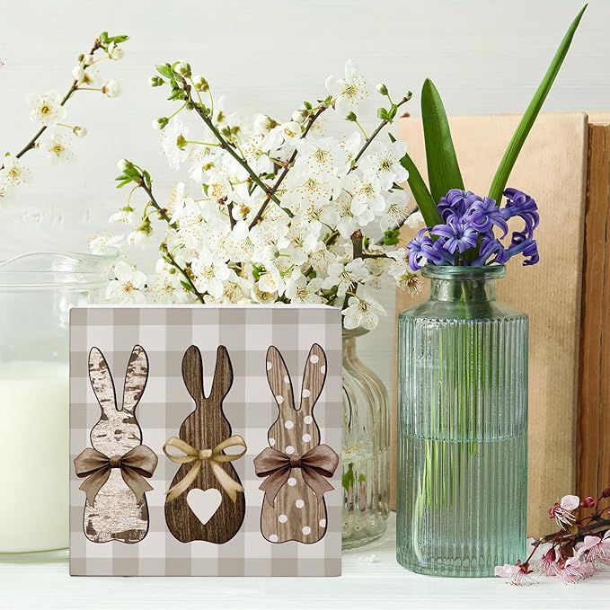 Easter Decor, Rabbit Wooden Box Sign, Rustic Easter Tiered Tray Decorations, Farmhouse Bunny Rabbit Decorative Table Centerpiece Sign for Party Home Kitchen Dining Table Decor 5x5