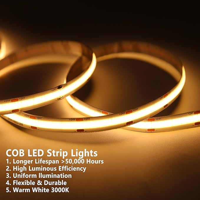 24V COB LED Strip Light Warm White 3000K IP20 Uniform Light Emitting 480LEDs/M 16.4FT/5M CRI90 Flexible Can be Cropped LED Light Strip Cabinet Home DIY Lighting Projects (Warm White 3000K)