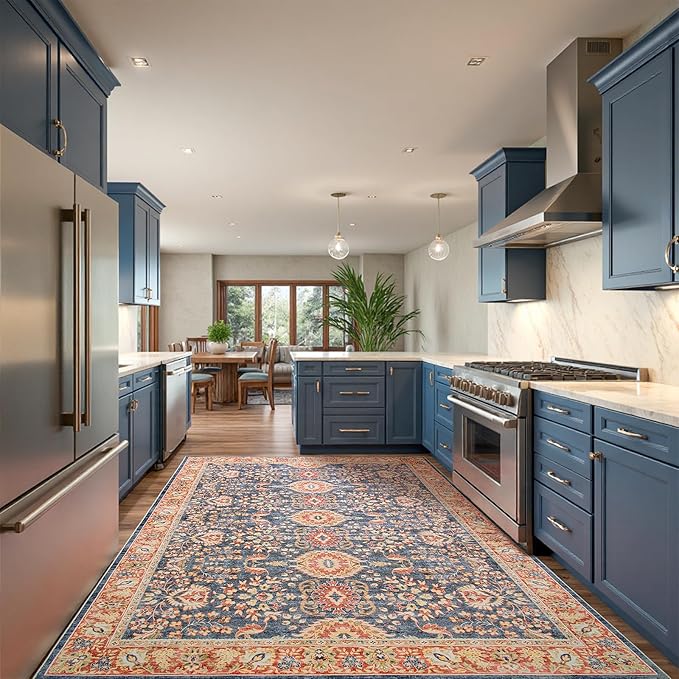 Goideal Washable Rug 6x9, Vintage Area Rugs Non Slip, Indoor Low Pile Carpet with Rubber Backing for Living Room Kitchen Bathroom Entryway Office Bedroom, Navy Blue & Orange