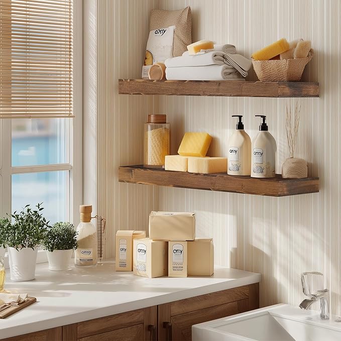 36x6.8x2 Inch Rustic Floating Shelves for Wall Set of 2 - Brown Solid Wood Wall Mounted Shelves with Invisible Bracket, Extended Design for Farmhouse Living Room Bedroom Kitchen Decor