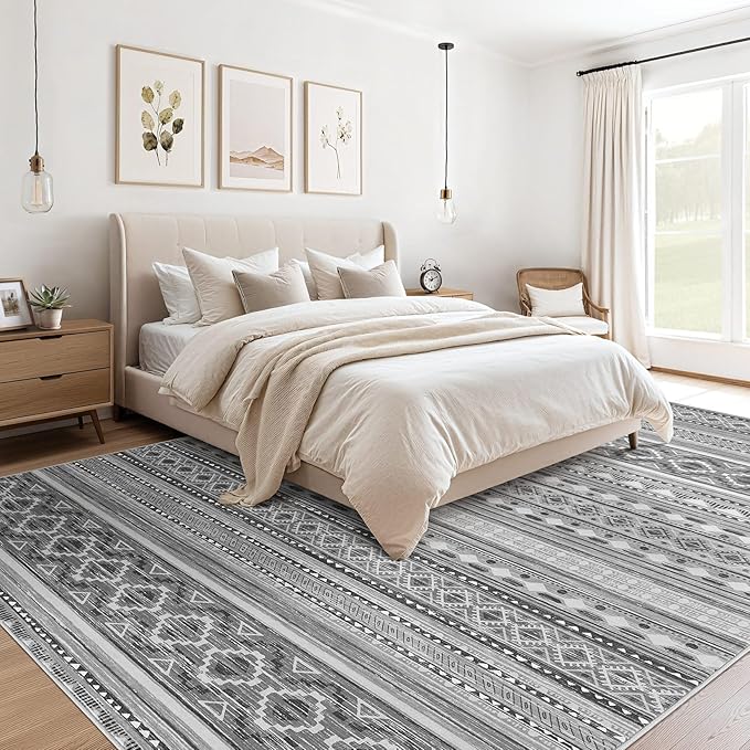 cotiled 10x12 Area Rug Living Room: Washable Boho Rugs with Non Slip Backing Large Soft Indoor Stain Resistant Carpet for Bedroom Farmhouse Dining Room Lightweight Home Decor Beige Grey
