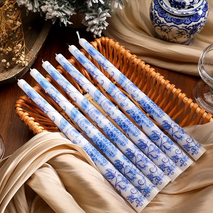 Threlaco 9.8" Long Taper Chinoiserie Porcelain Candlesticks Dripless Bridal Wedding Shower Candle Blue White Decorations Unscented Taper Candles for Party Gift Home Decor