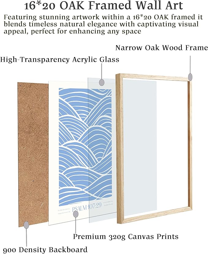 EcoHest Modern Christian Ocean Waves Framed Wall Art, Large 16x20 in OAK Wood Christian Psalm 107:29 Canvas Wall Art, Beige Logs Storm Home Decor Set of 1 for Bedroom Living Room