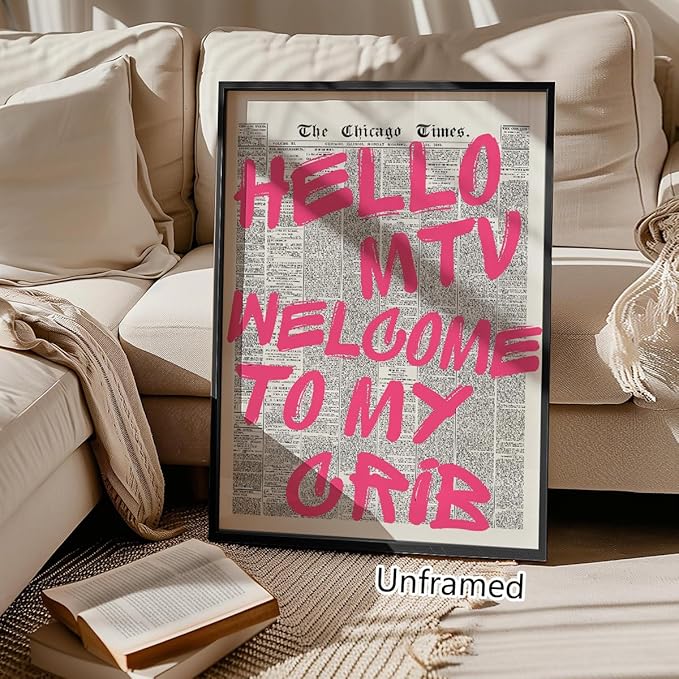 Pink Hello MTV Welcome To My Crib Quote Poster, Vintage Black White Newspaper Canvas Wall Art, Trendy Typography Print Picture, Charming Positive Dorm Bedroom Wall Decor 8x12in Framed