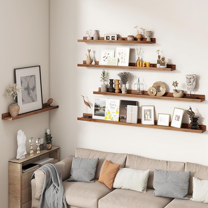 FLYJOE Picture Ledge Shelf, Floating Shelves Set of 2, 30 Inches Nursery Book Shelves for Toys Storage, Kids Bookshelf Wall Mounted for Living Room Bedroom Decor Books Photo Frames, Walnut