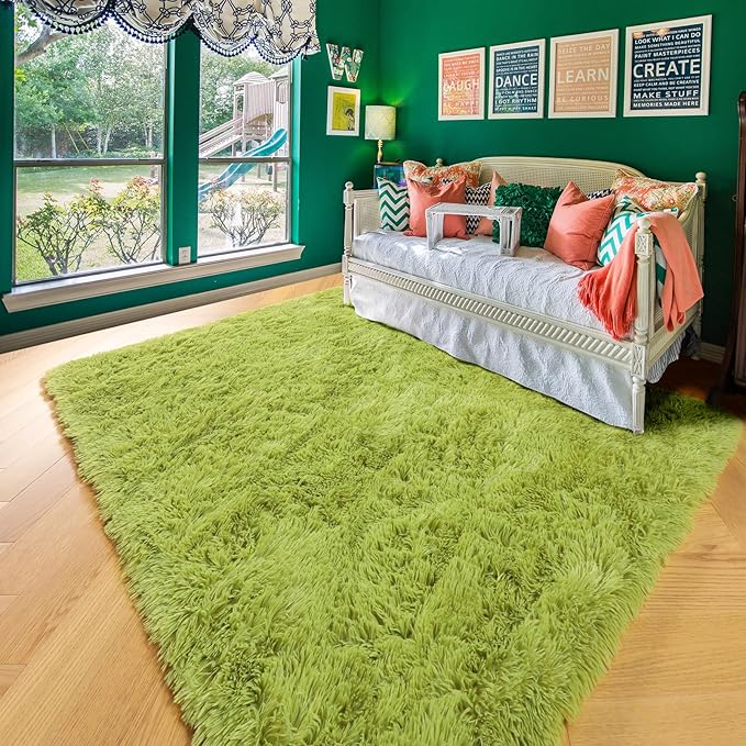 Grass Green Runner Rugs for Bedroom Decor Aesthetic, Fluffy Shag Area Rug 3x5 for Kids Room Living Room Baby Nursery, Cool Shaggy Throw Bedside Fuzzy Plush Carpet, Cute Moss Classroom Playroom Rug