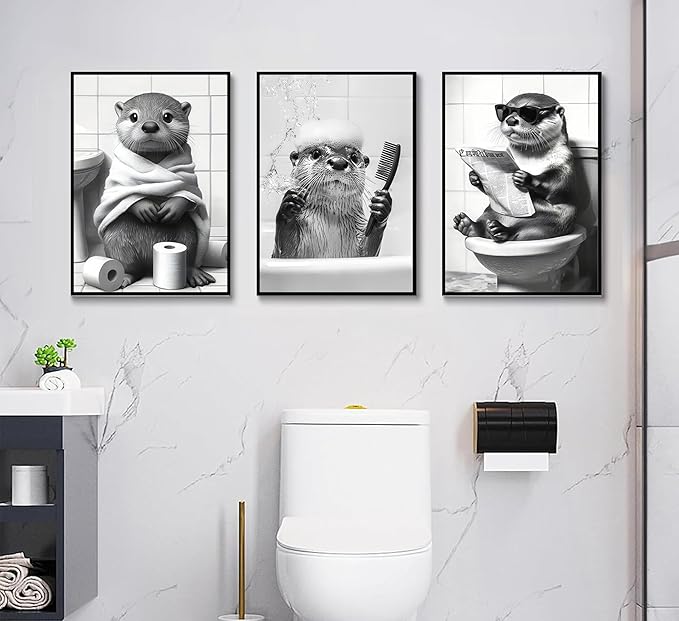 3Pcs Cute Otter Canvas Wall Art Black And White Animal Poster Print Funny otter bathing and reading newspaper Picture Painting Wall Decor for Bathroom Restroom Home Decoration Unframed