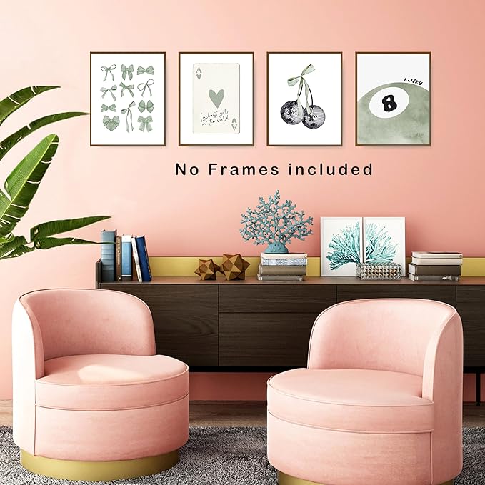 okaxscm Sage Green Coquette Trendy Preppy Wall Art Prints Set of 4, Coquette Preppy Room Decor Aesthetic, Green Bow Disco 8 Ball Cherry Wall Decor Posters for Girls Bedroom Dorm, 8x10 Unframed