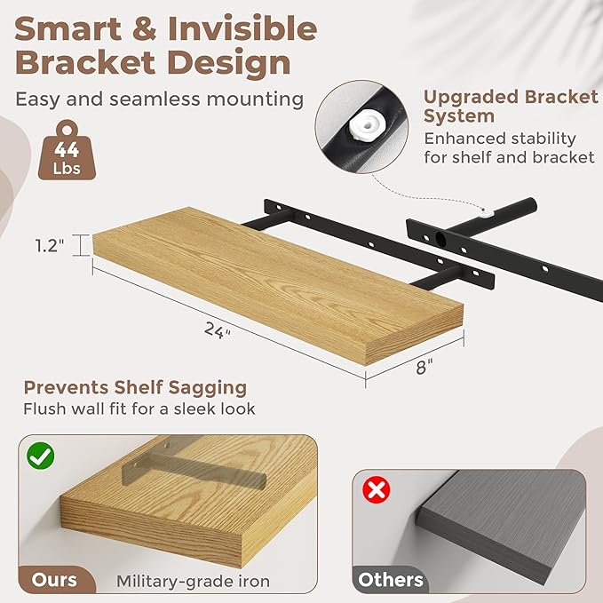 24 Inch Floating Shelves for Wall with Invisible Brackets Set of 2, 8"D Engineered Wood Wall Shelves with Wood Grain for Living Room, Bedroom, Bathroom, Kitchen Decor and Storage, Oak Finish