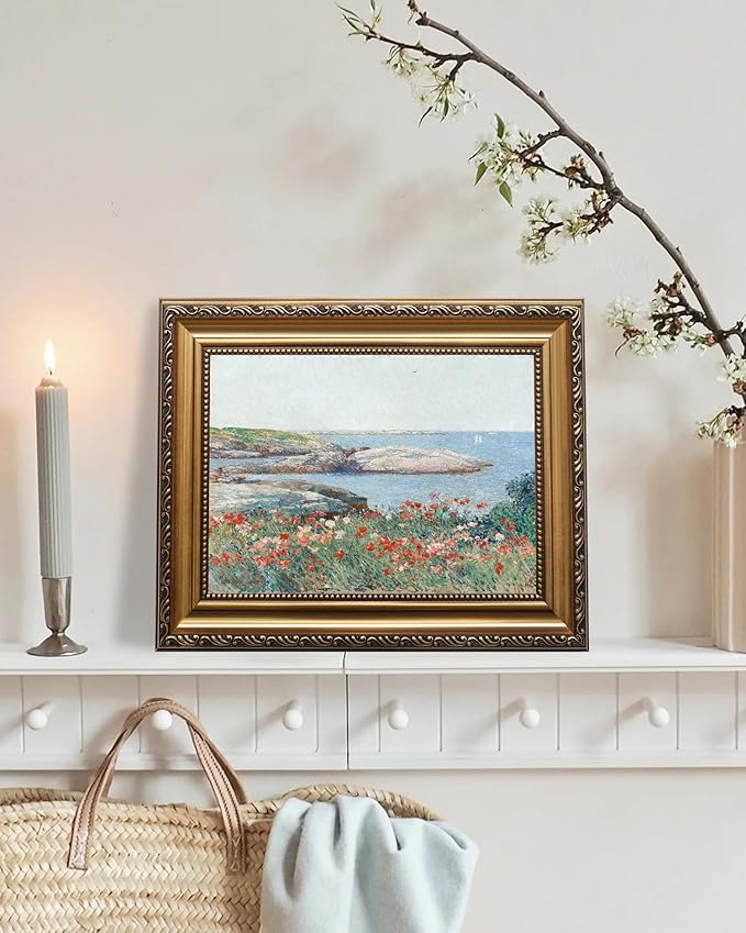 KBKBART Vintage Framed Wall Art for Living Room, Vintage French Coastal SeaScape Canvas Art Prints Farmhouse Decor, Country Wildflower Landscape Painting, Gold Framed Spring Flower Wall Art for Bathroom Bedroom Gallery, 9"x12"