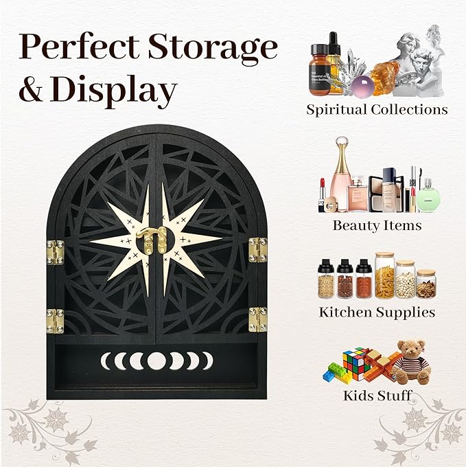 Crystal Display Shelf for Wall, Crescent Moon Phase Wall Shelf Decor, Wooden Storage Organizer for Stones Collection Essential Oil Display, Arch Crystal Holder Shelf for Meditation Room