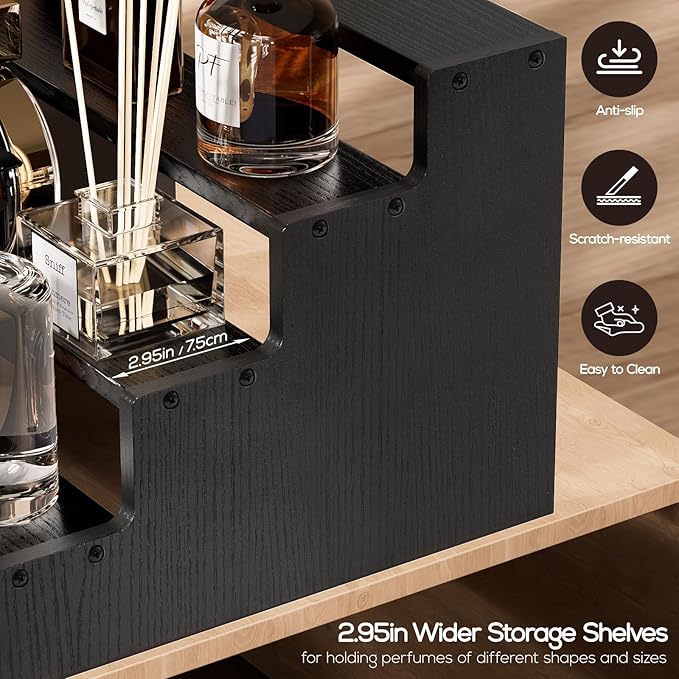 ProCase Wooden Cologne Organizer for Men, 4 Tier Perfume Organizer, Mens Cologne Stand Holder Storage, Display Riser Shelf Rack for Fragrances Candles Cosmetics Cupcake Figure Spice -Black