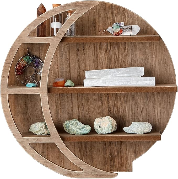 Farmlyn Creek Wooden Crescent Moon Shelf - Rock Shelf & Wall Holder for Stones - Essential Oil Display & Crystal Organizer - Free-Standing Rack - Rustic Brown, 12 x 12 x 3 in