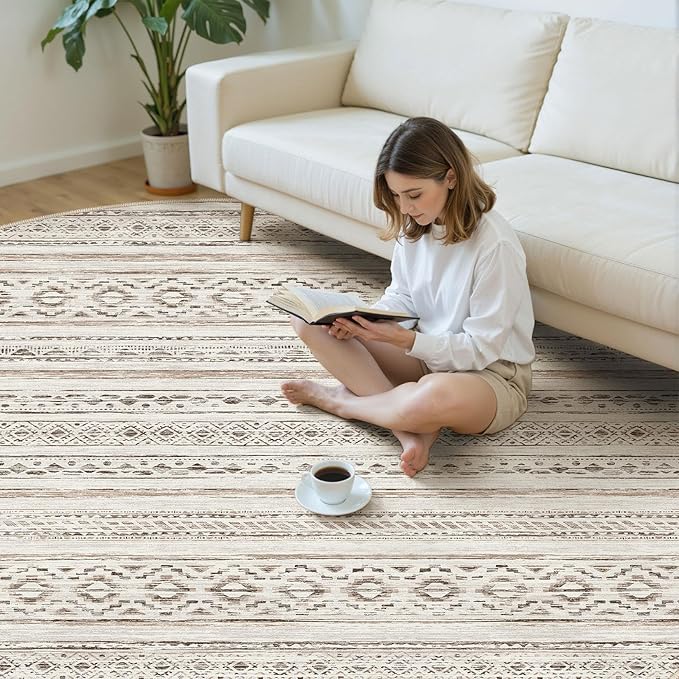 cotiled 8x8 Round Area Rug Living Room: Washable Boho Rugs with Non Slip Backing Large Soft Indoor Stain Resistant Carpet for Bedroom Farmhouse Dining Room Lightweight Home Decor Cream Brown