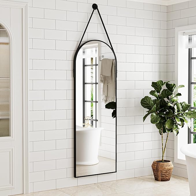 Full Length Mirror, Arched Wall Mounted Mirror, 48"x16" Door Mirrors with Hanging Leather Strap, Wall Mirrors Full Length with Aluminum Frame for Bathroom Living Room Entryway (Black)